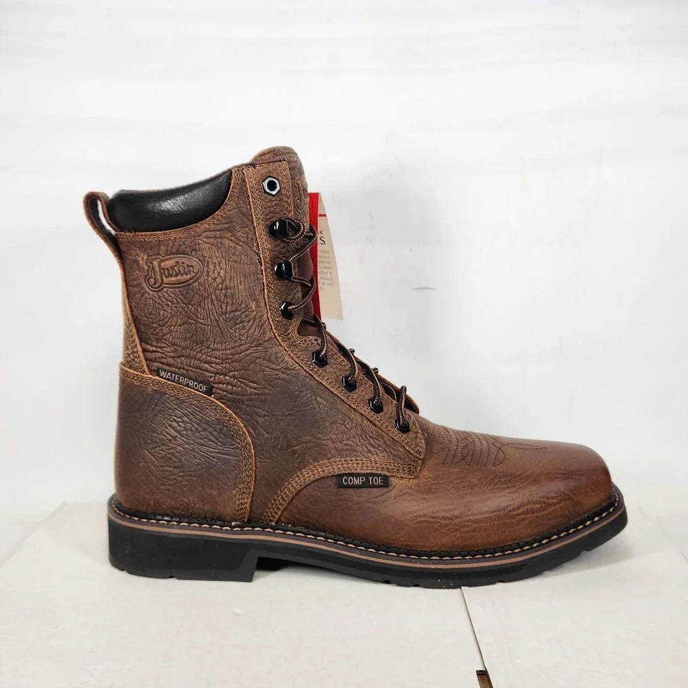 Justin Work Boots Men Size 11 Brown Driller Waterproof Composite Toe Square Toe